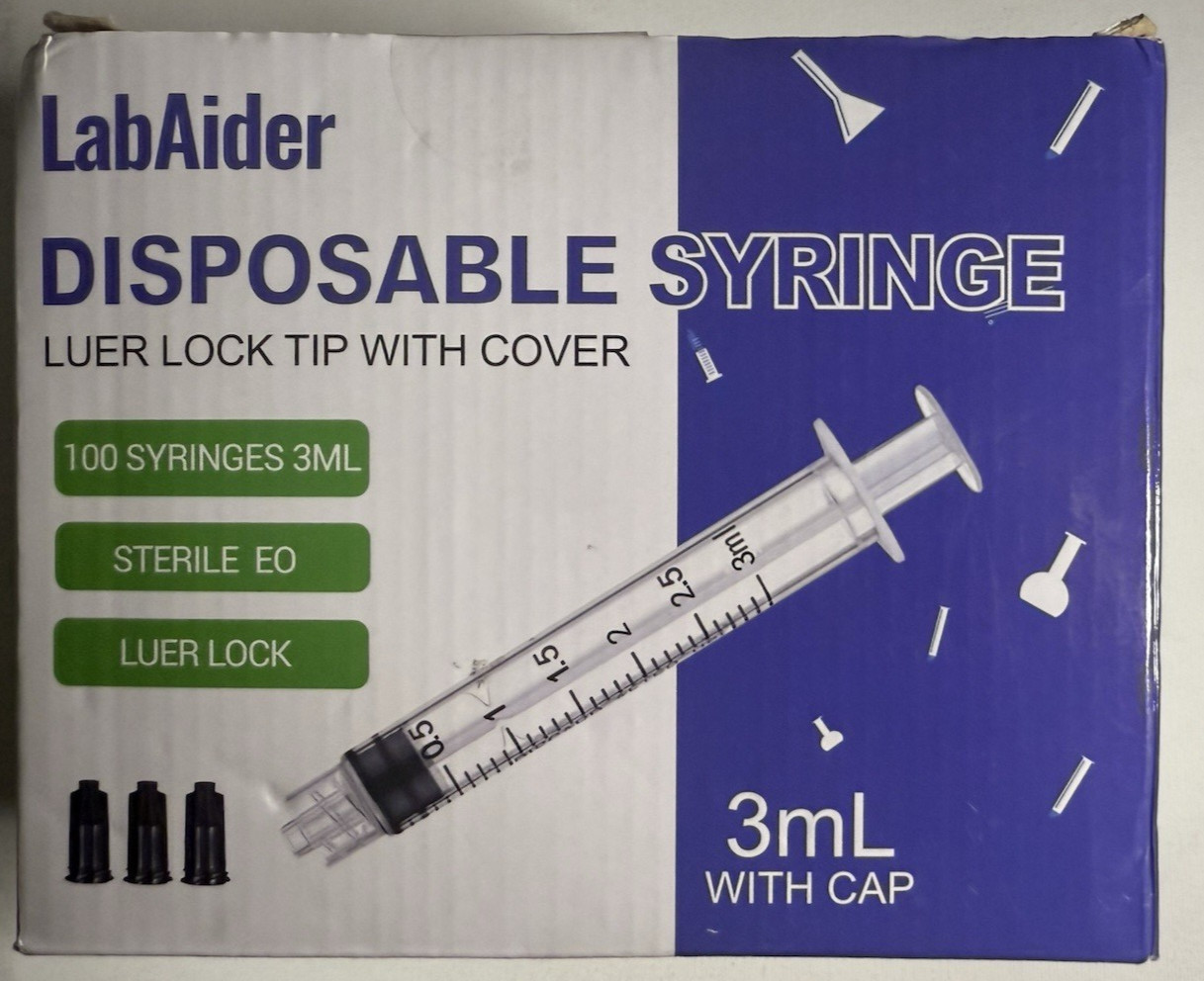100pk Labaider 3ml Sterile Disposable Syringes With Cap Luer Lock Tip With Cover