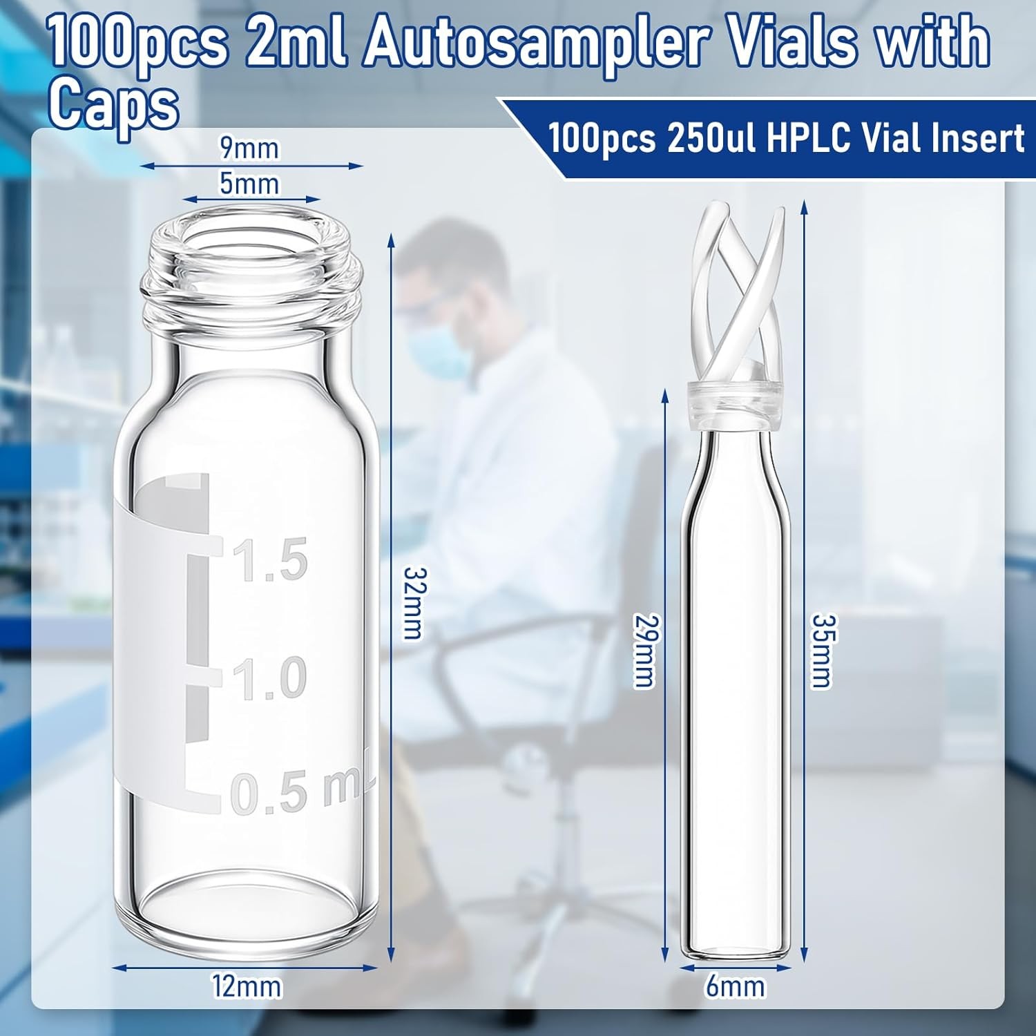 100PCS 2ml HPLC Autosampler Clear/Amber Vials 9-425 Screw Cap Vial Inserts 250uL