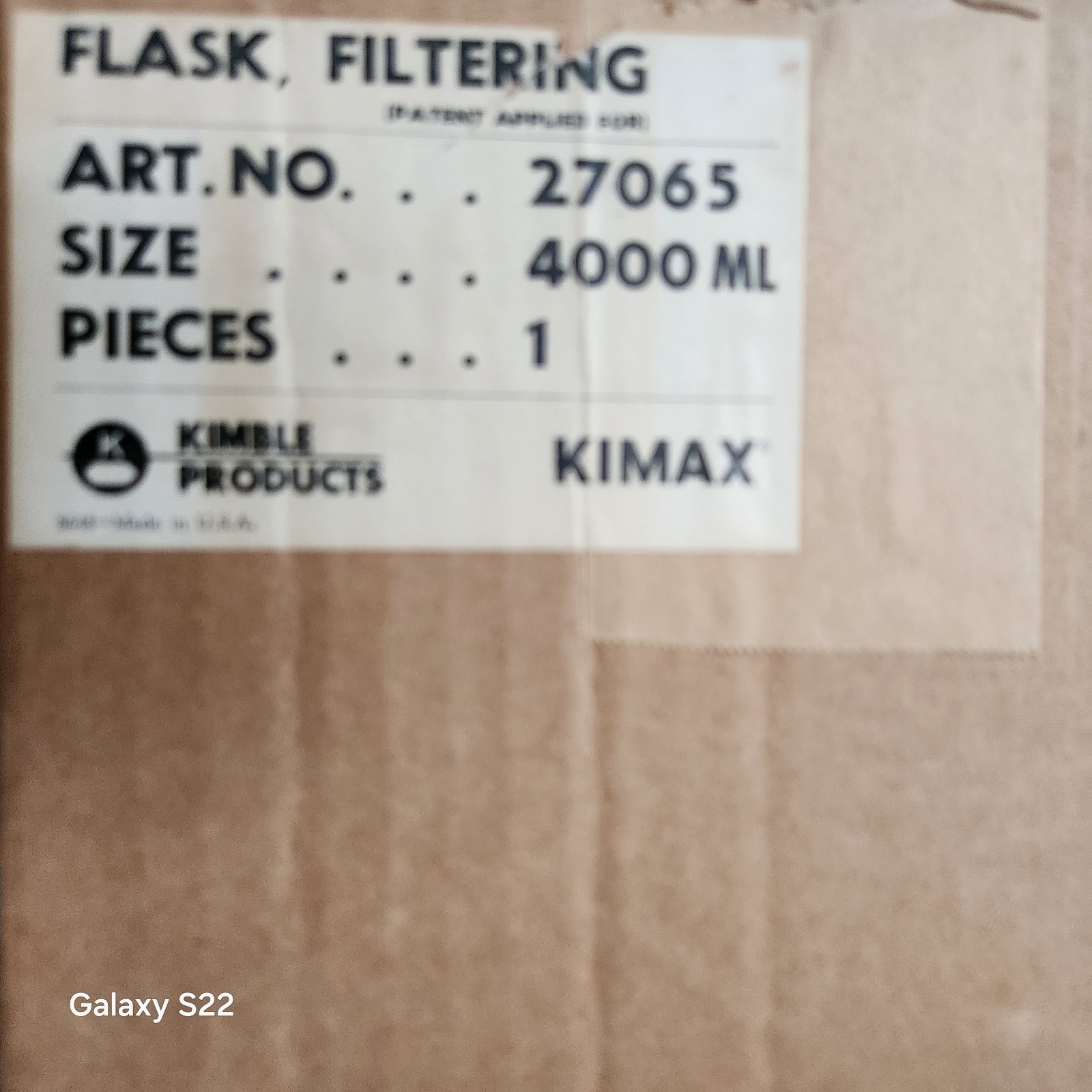 Kimble 27065 Filtering Flask 4000mL Glass Laboratory