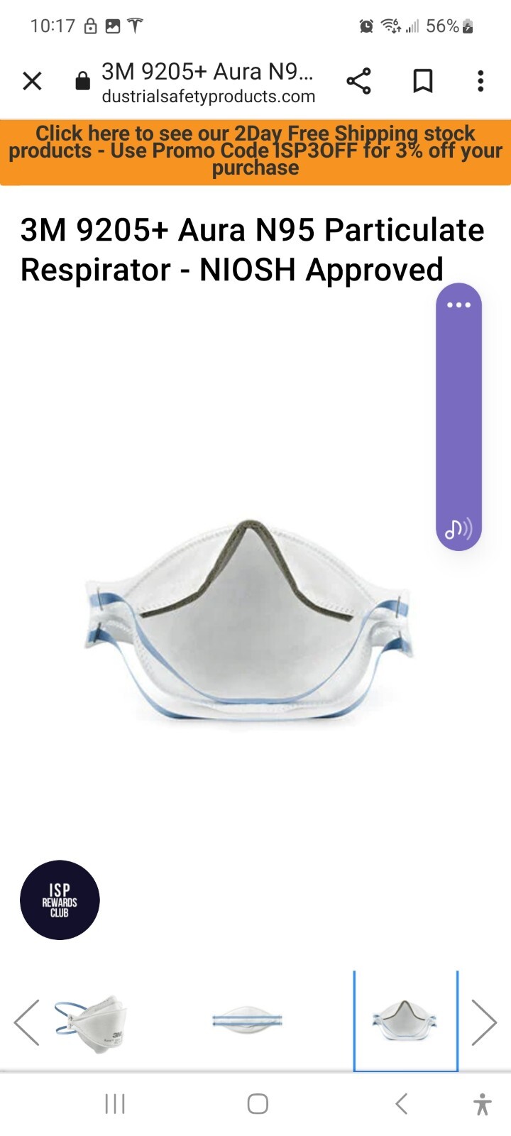 3M 9205+ AURA N95 NIOSH Approved Particulate Respirator Mask Face Masks USA MADE