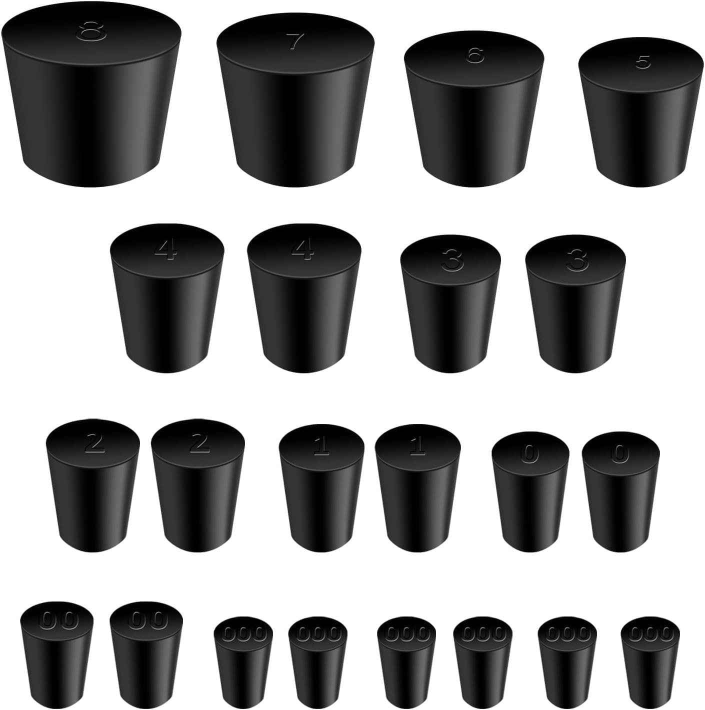 Black 22Pcs Solid Rubber Stoppers，Lab Plug 000#-8# Sizes Tapered Lab