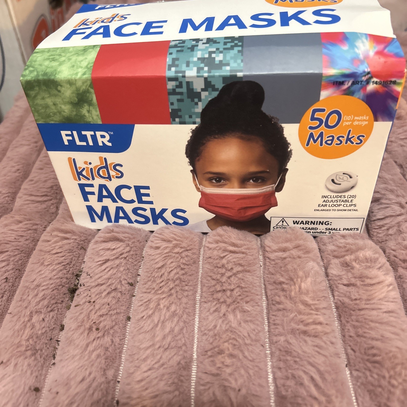 NEW! FLTR Kids Face Mask 5 Designs 1 Case 50 Pack + 20 Adjustable Ear Loop Clips