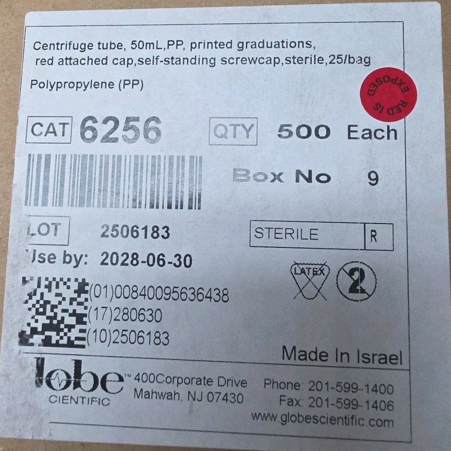Centrifuge Tubes 50ml, Sterile Self Standing Screw Cap/Bag of 25/Exp: 06/30/2028