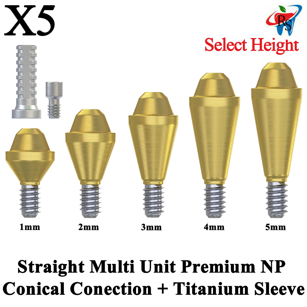5x Set Prosthetic Straight Multi Unit 1.6 NP Conical 2.25 + Titanium Sleeve