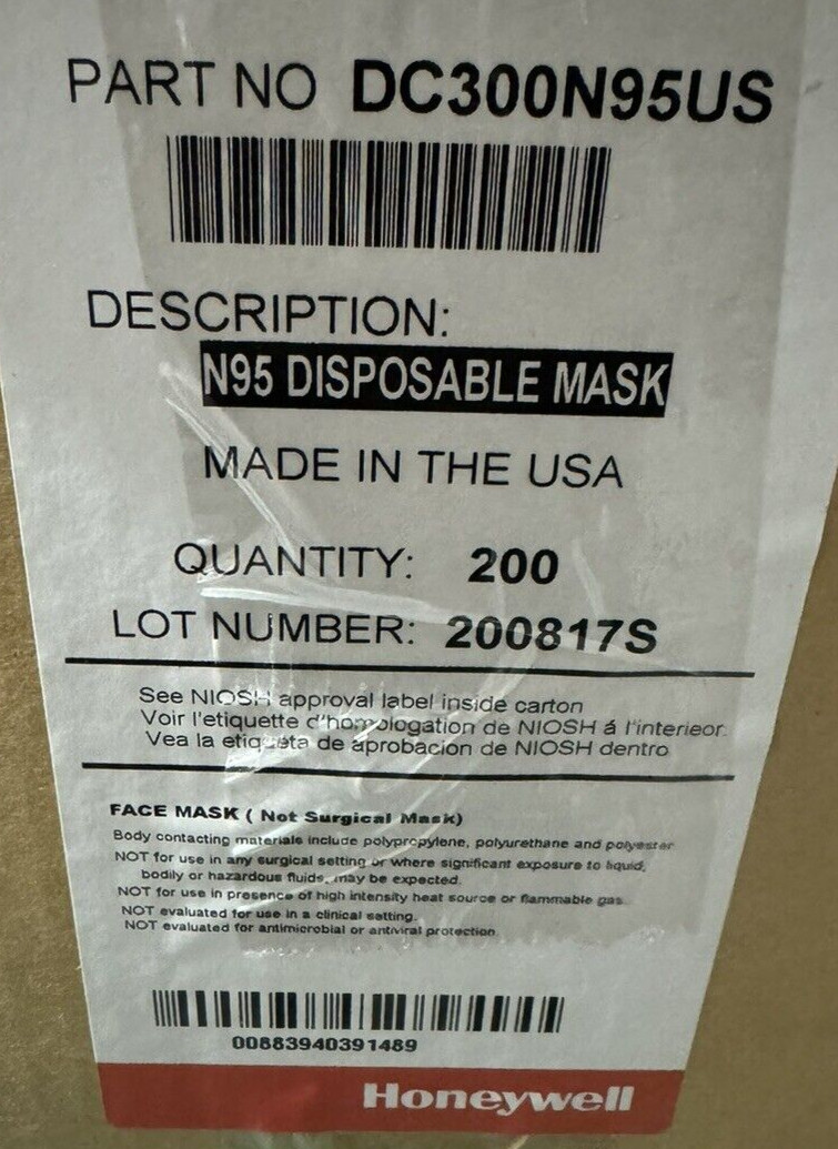 200 Honeywell N95 DC300N95B Particulate Respirators Face Mask NIOSH Approved