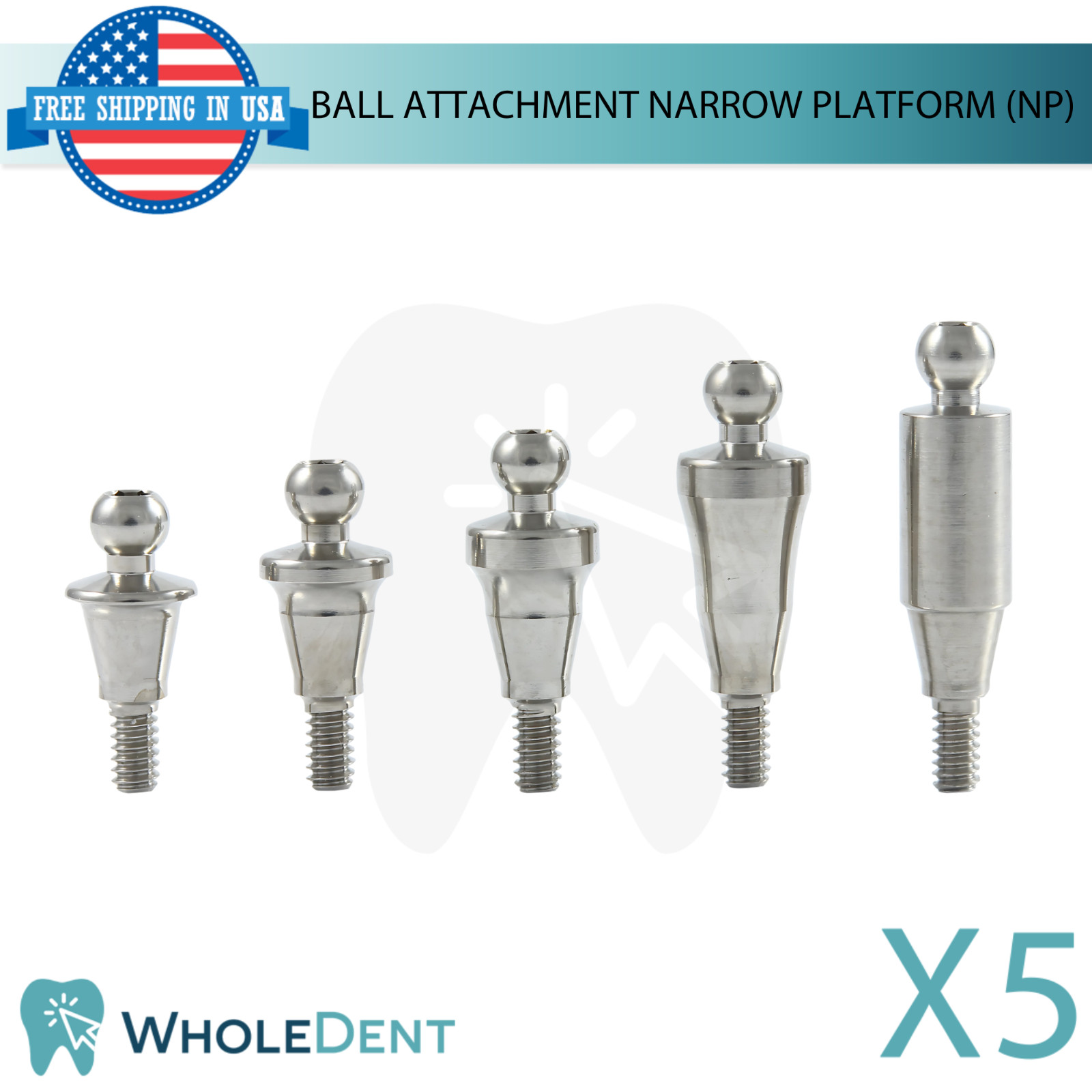 5x Straight Ball Attachment Narrow Platform Ø3.8mm Conical Hex 2.25mm System