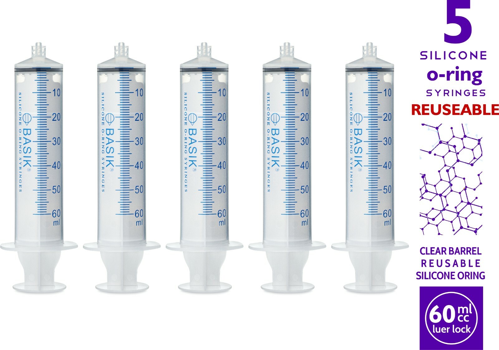 60cc | 60ml BASIK Syringe Silicone O-ring 5/pak Luer Lock Reuse Tube Hand Feed
