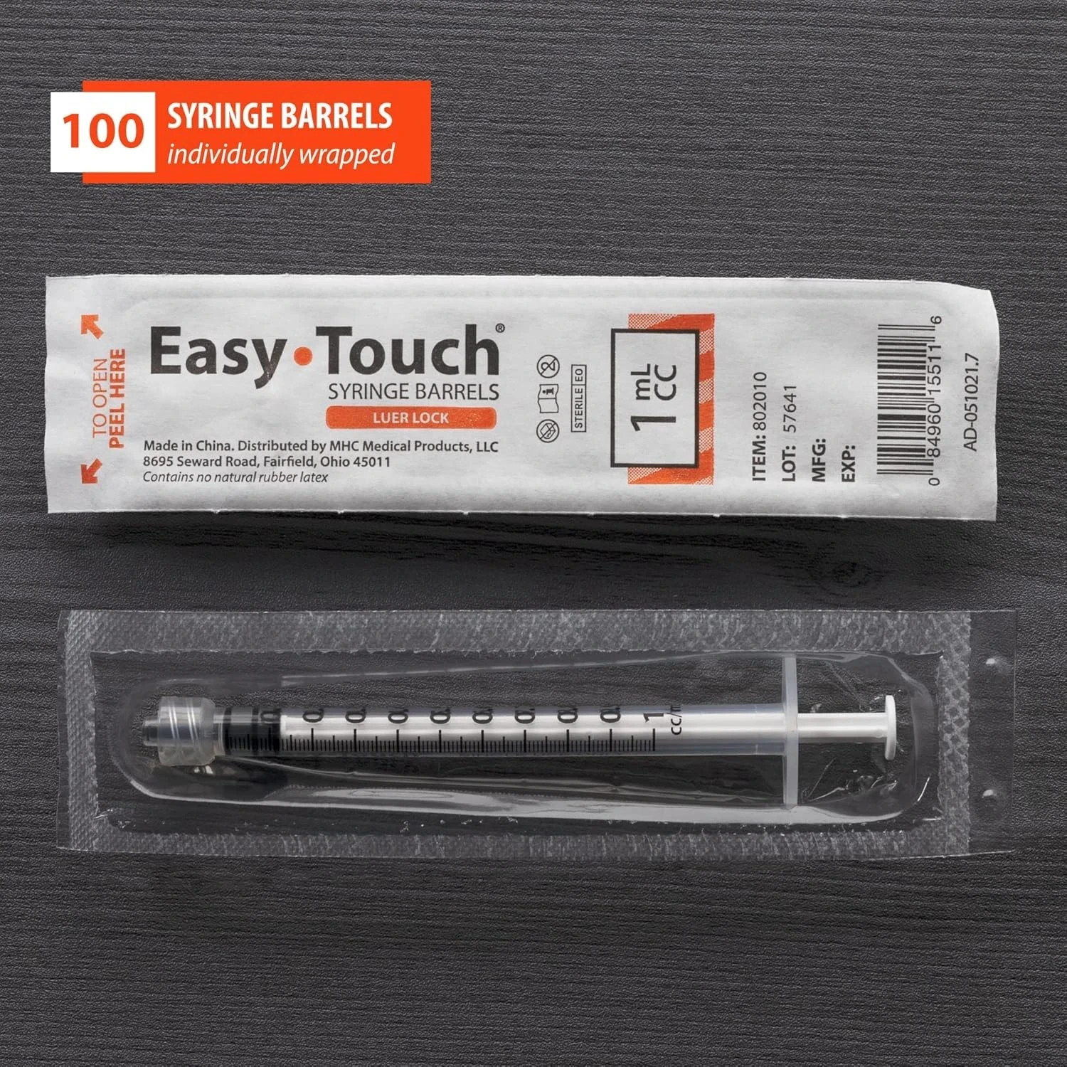 EasyTouch Luer-Lock Syringe Barrel, 1ML Syringe, Pack of 100 1 cc/ml