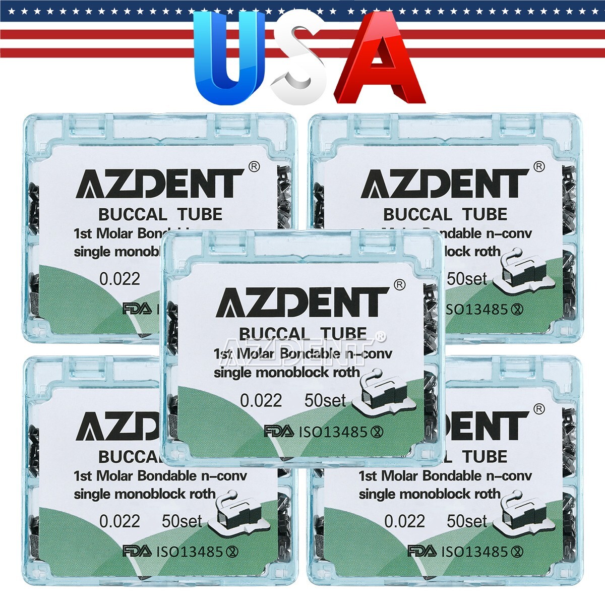 50 Sets AZDENT Dental Monoblock Buccal Tubes 1st Molar Roth 022 Bondable Non-Con