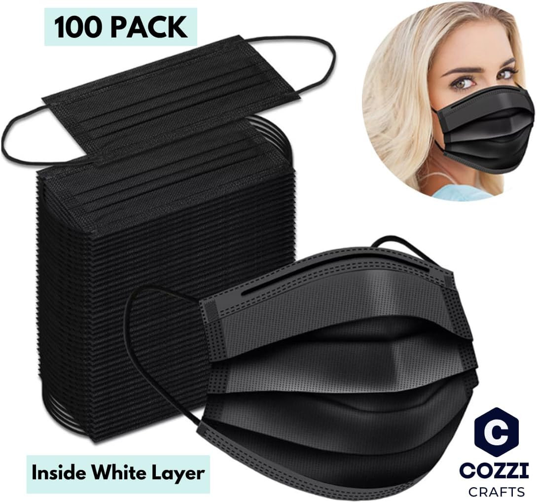 Black Face Masks, 3-Ply Black Masks Disposable 100 Pk (Premium Comfort Soft