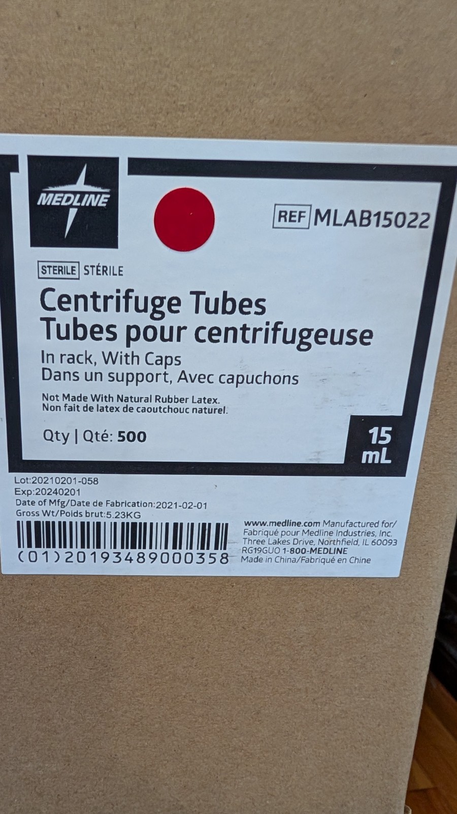 500pc Medline Centrifuge Tubes 15mL Clear In Rack With Caps (8)