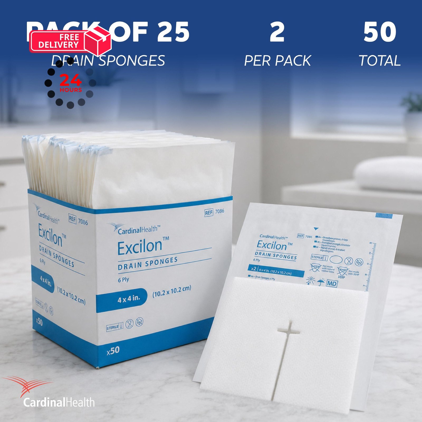 Covidien 7086 Excilon Drain Sponge, Sterile 2’s in Pack of 50, White