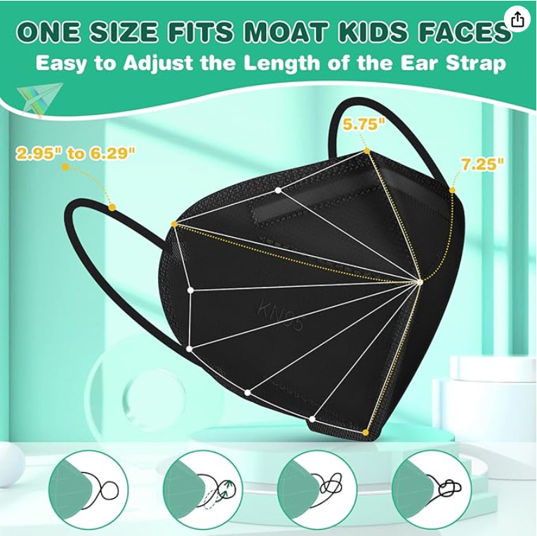 50 Pcs Black KN95 Protective 5 Layer Face Mask For Kids Boys Girls Child Unisex