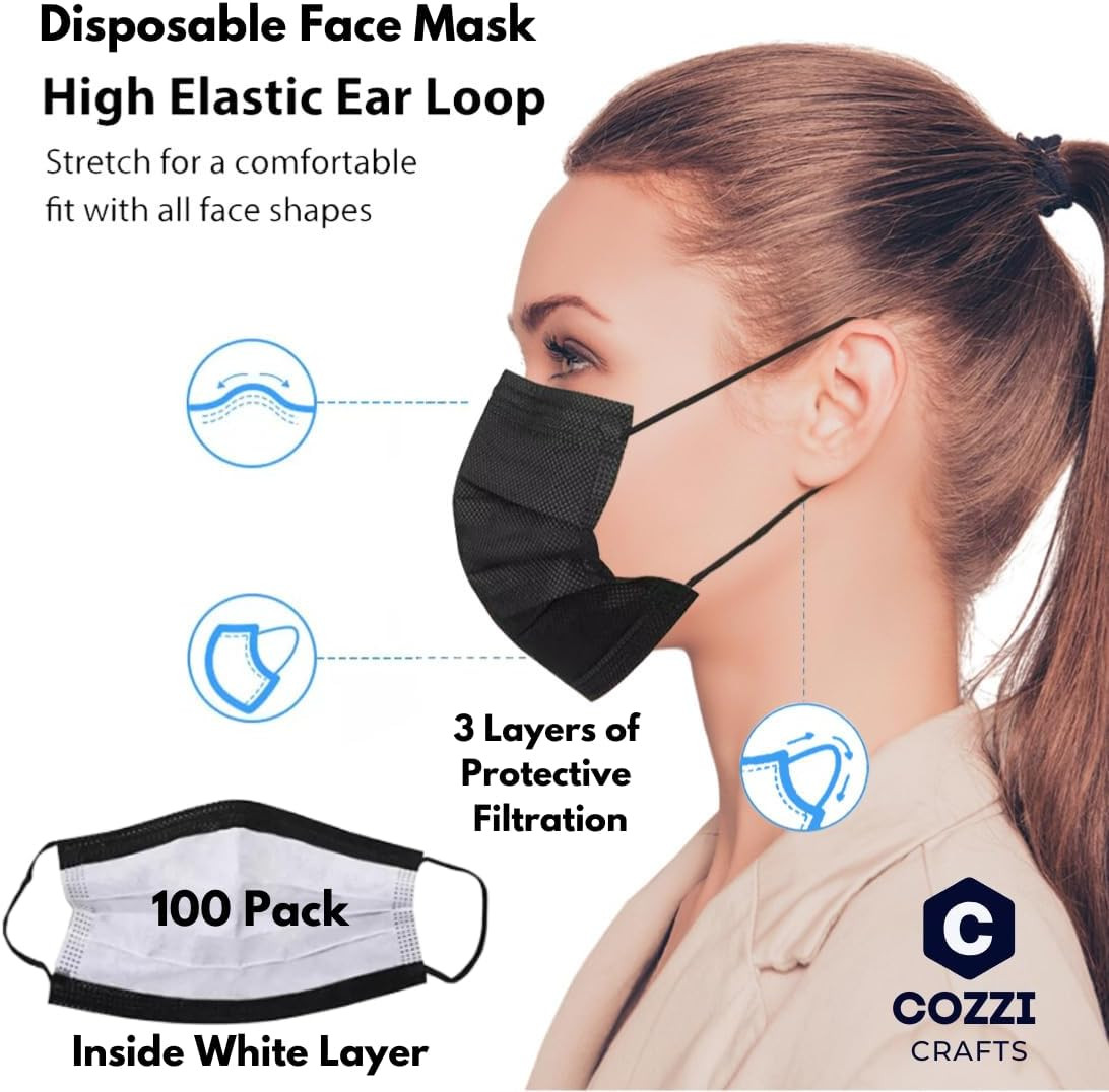 Black Face Masks, 3-Ply Black Masks Disposable 100 Pk (Premium Comfort Soft