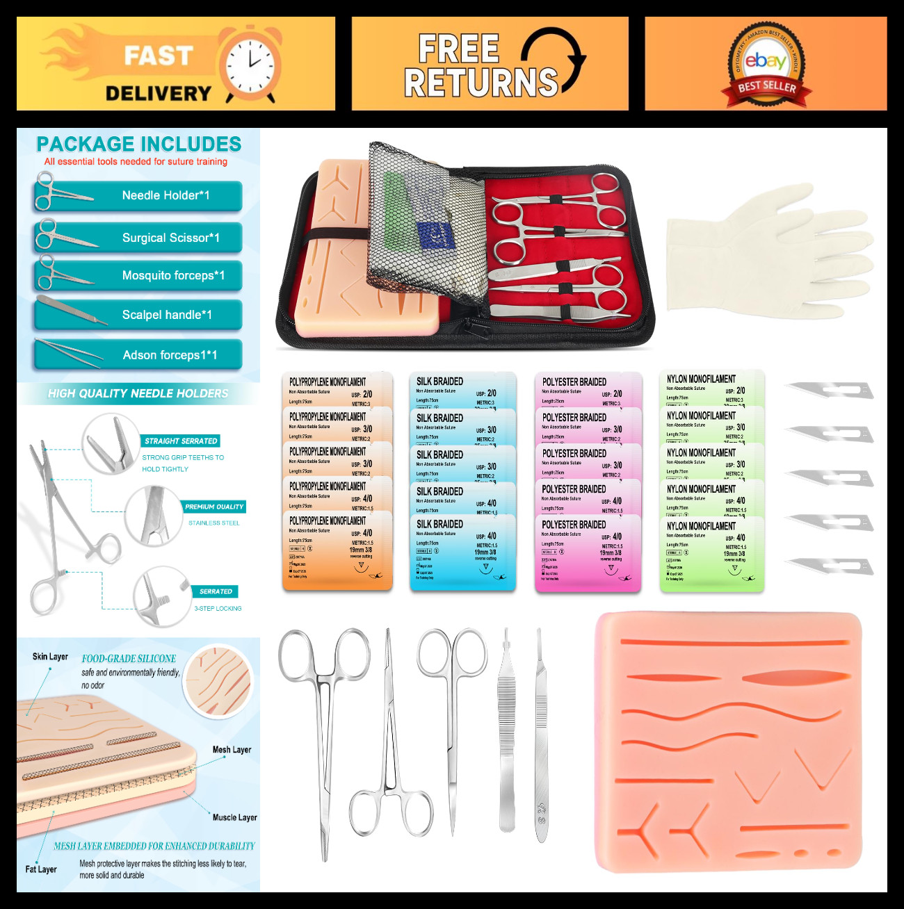 Suture Practice Kit – 240g Silicone Pad, 20 Assorted Sutures, Reusable Tools, 14