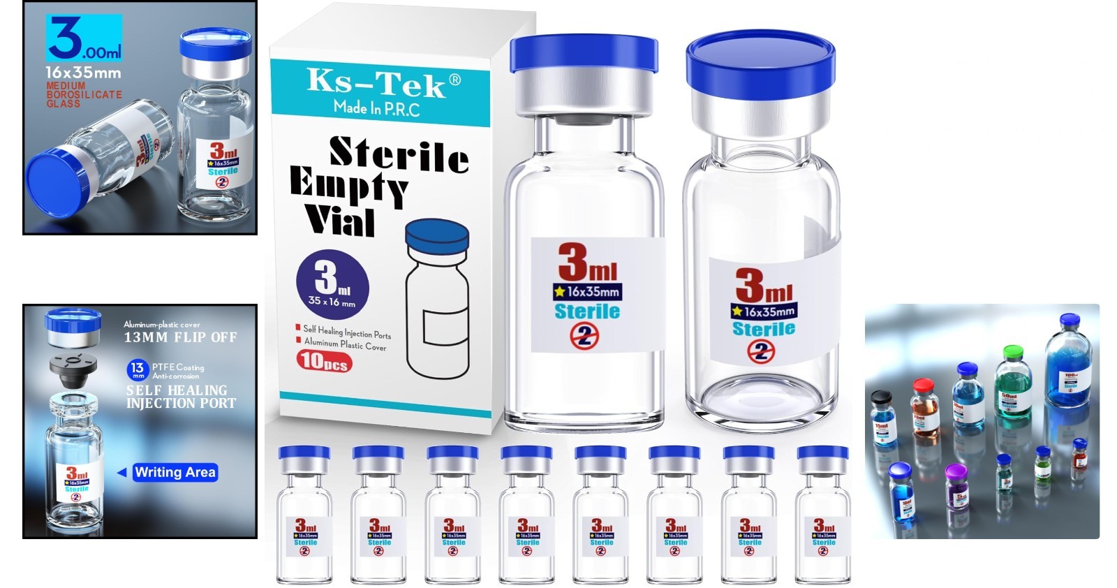 Sterile Glass Vials 3ml with Injection Port Flip Cap 10pcs Medical Vial