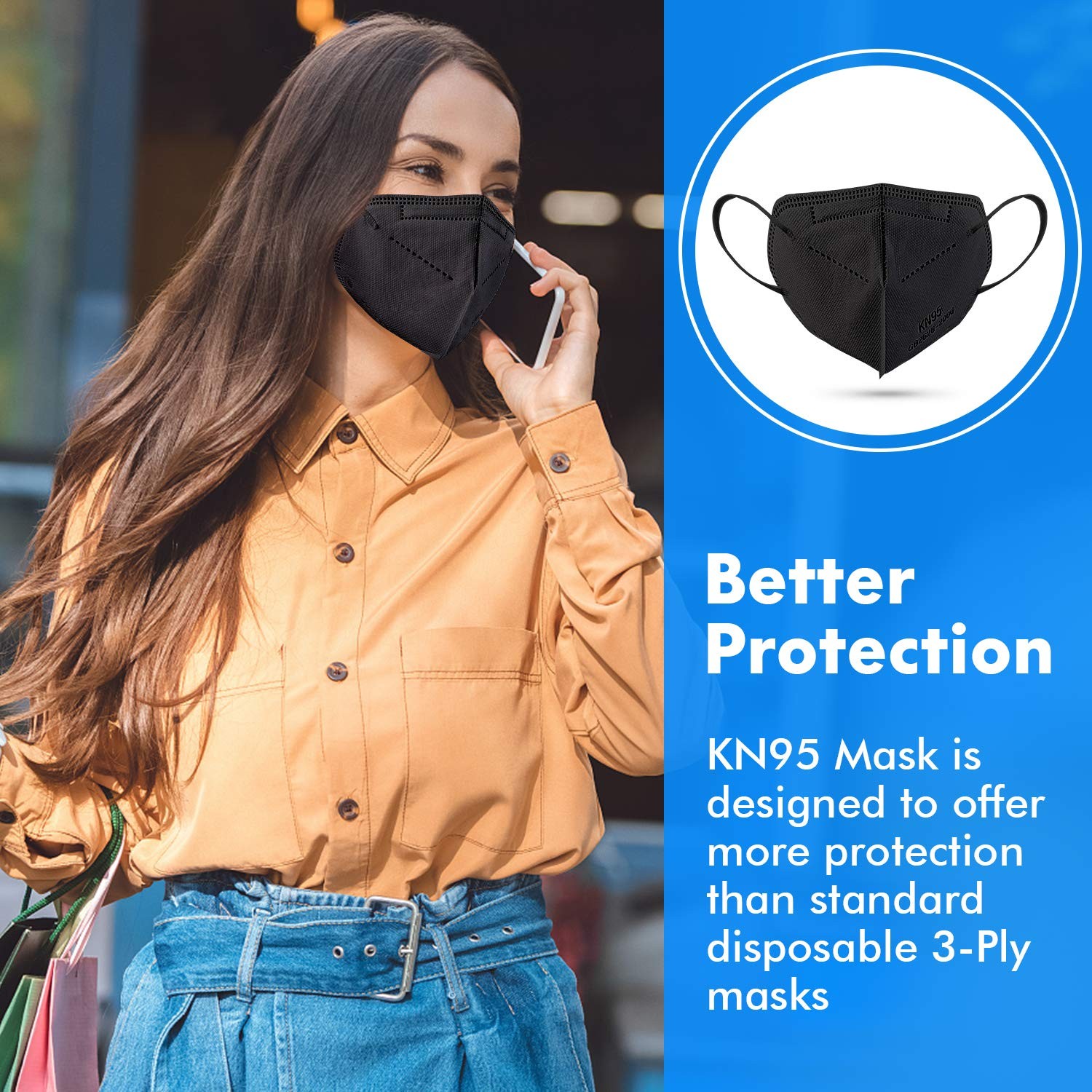 Enlove KN95 Face Mask Black 50 Pack, 5Layer Filter Efficiency≥95% Face Masks