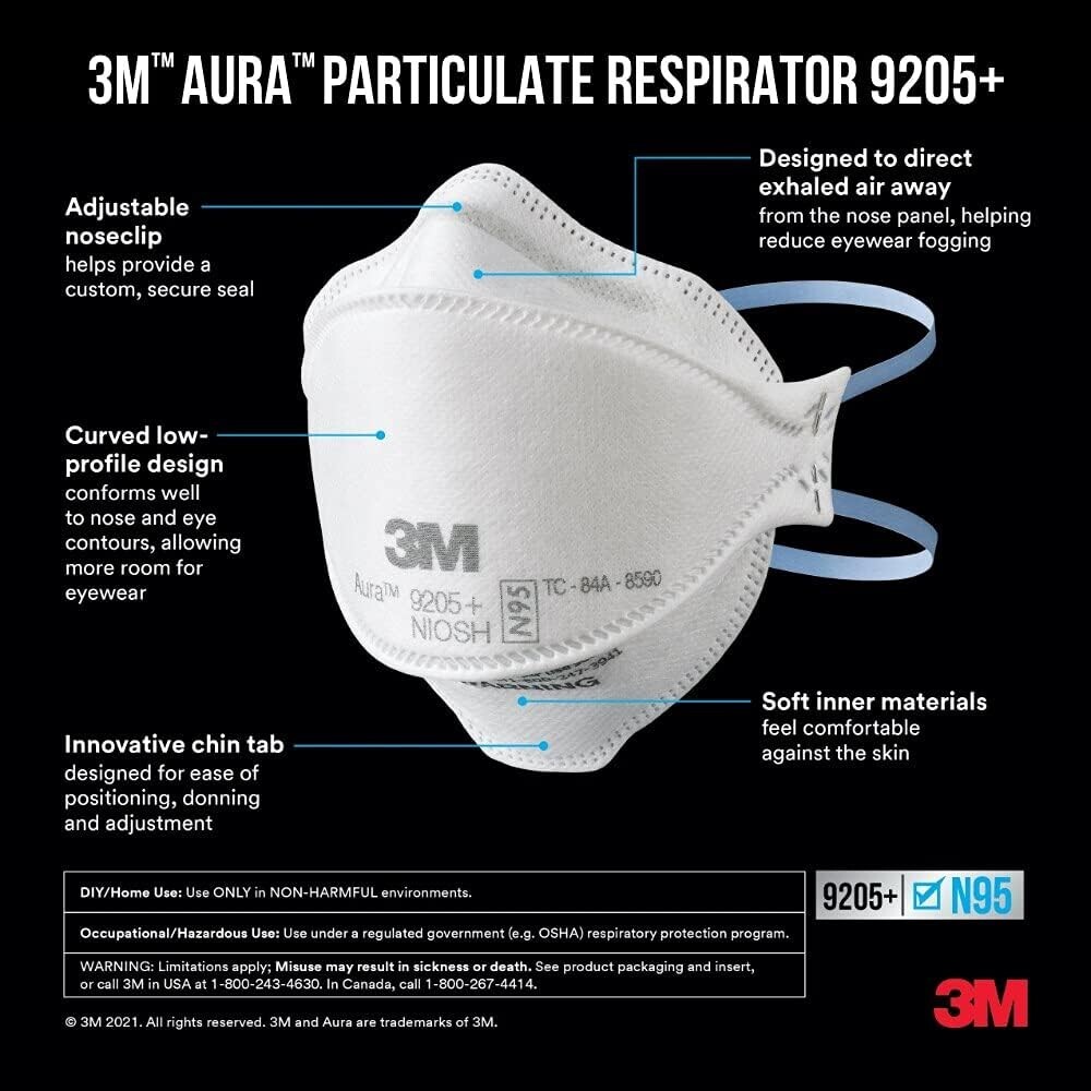 3M Aura N95 Particulate Respirator N95 Mask 9205PP-10-DC, 20 Masks