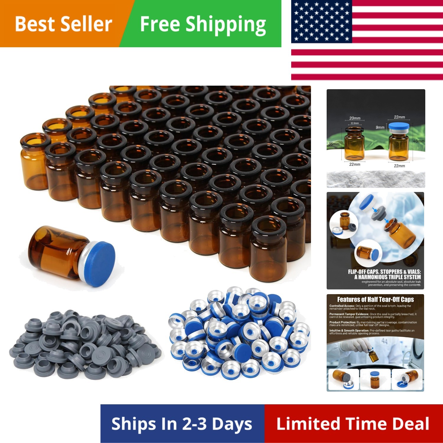 100 Pack 5ml Amber Glass Vials with Caps – 1.5 Dram Lab Headspace Vials, 20mm…