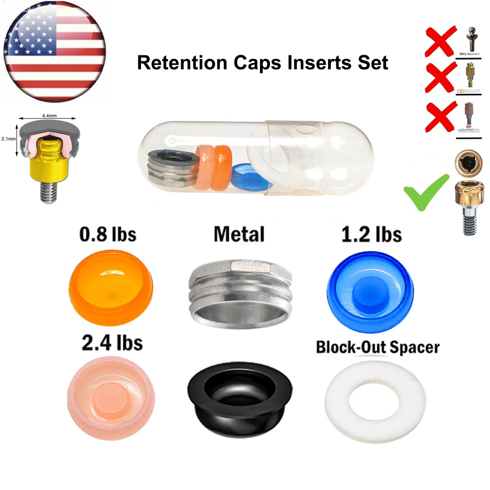 US 20Pcs Dental Overdenture Locator Retention Cap Inserts For Implant Abutment