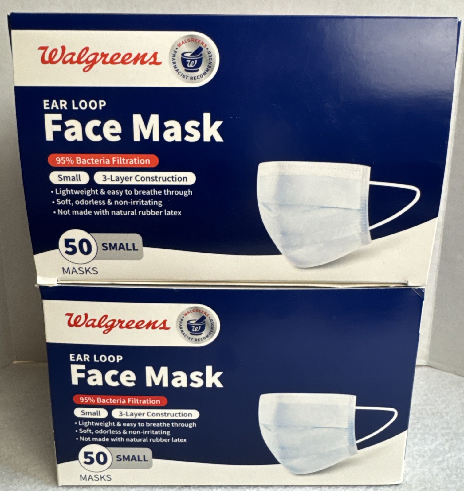 (2) Walgreens Ear Loop Face Mask Box 50 Count (100 Total) 3 Layer Adult Sz