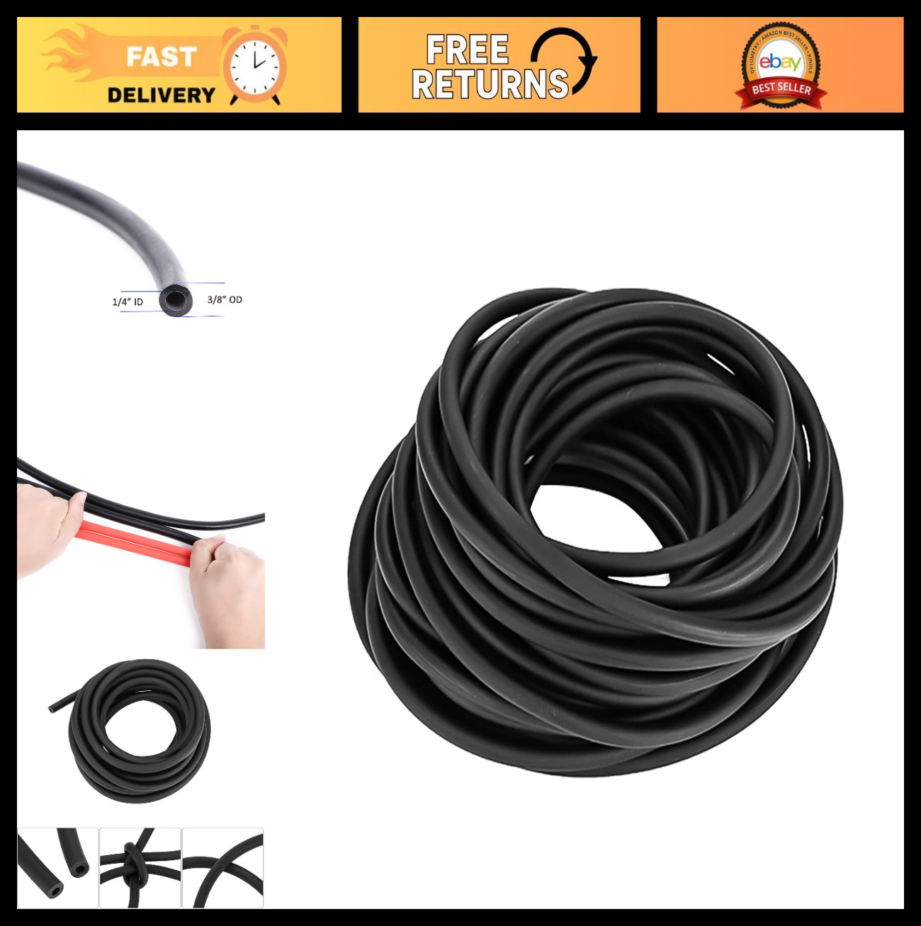 33FT Black Latex Rubber Tubing 3/8in OD 1/4in ID for Slingshots & Labs – Durable