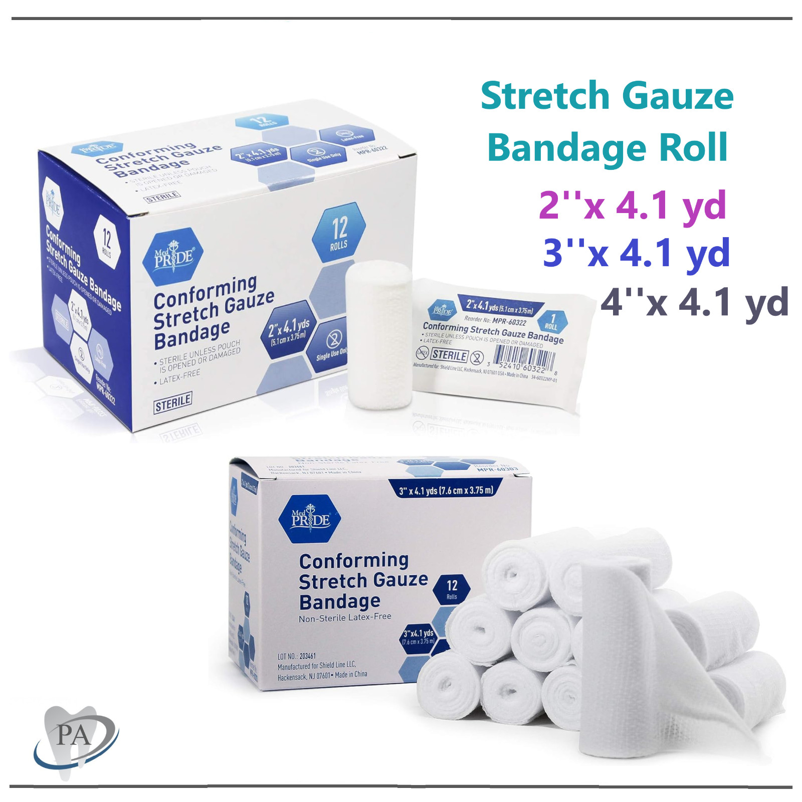Stretch Gauze Bandage Roll –  Sterile – 2″, 3″, 4″ x 4.1 Yards, Latex Free, USA