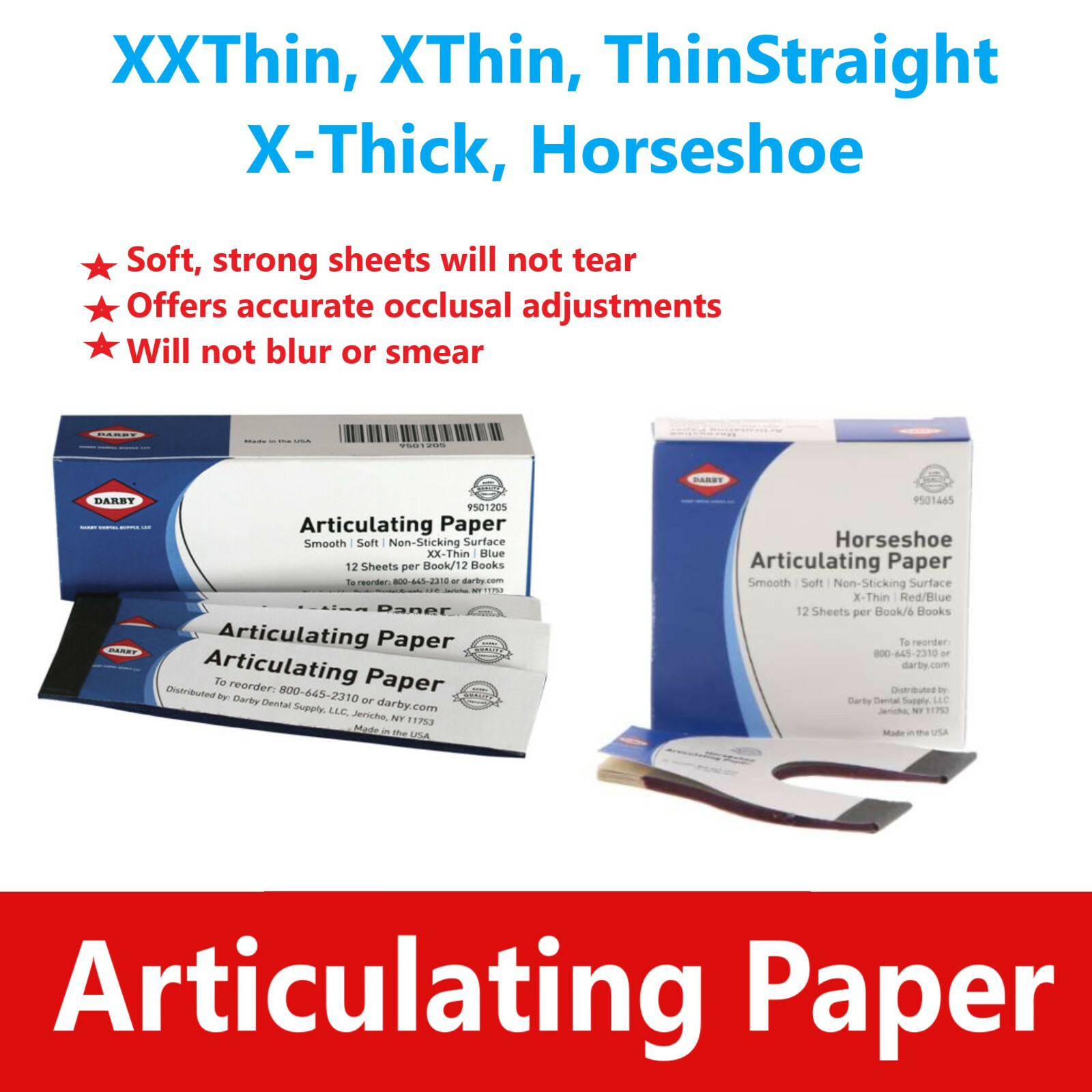 Dental Articulating Paper Thick / Thin / X-Thin / XX-T Sheets 144/Box Made in US