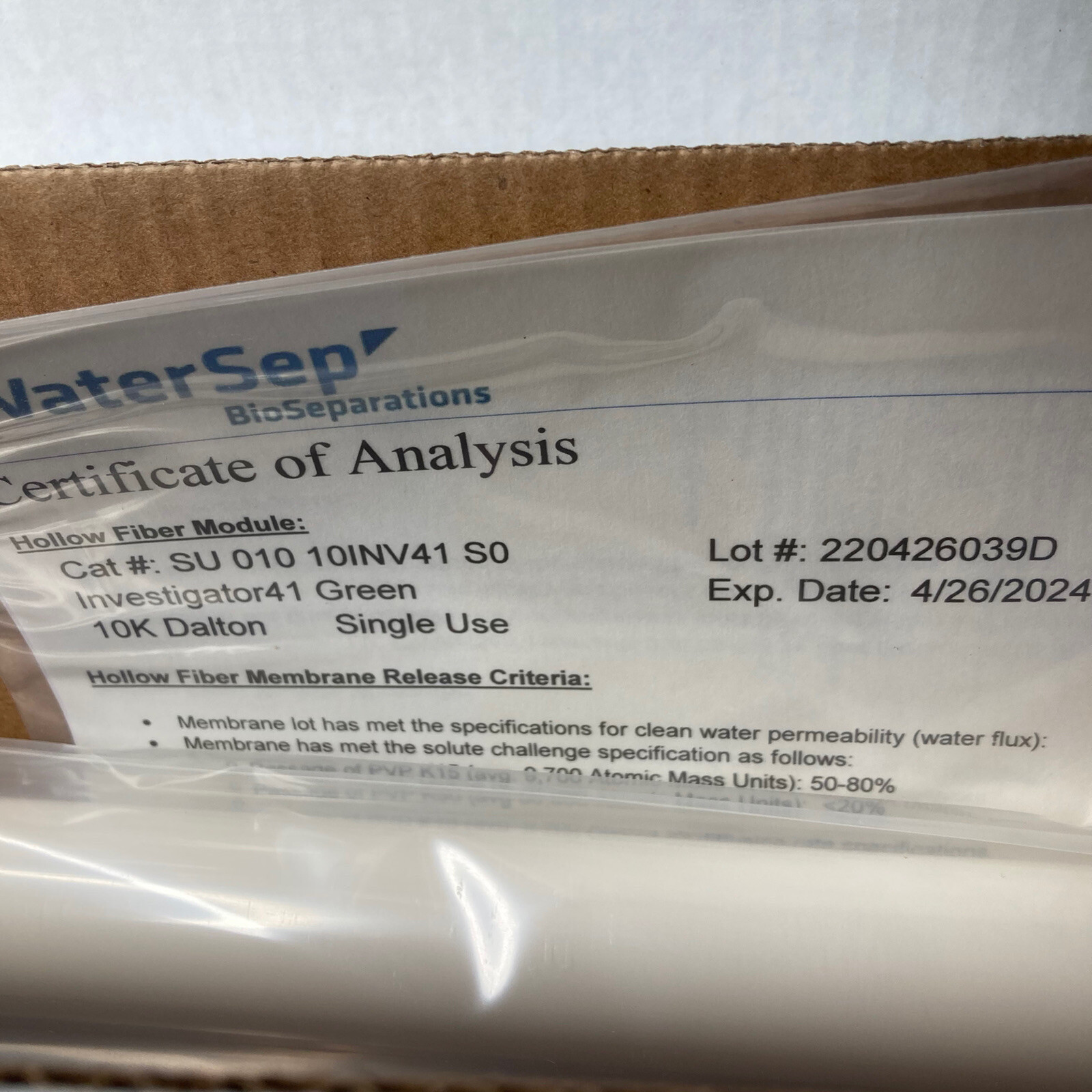Hollow Fiber Filter Cartridge – WaterSep – 01010INV41 – 10k Dalton – 1.0mm Lumen
