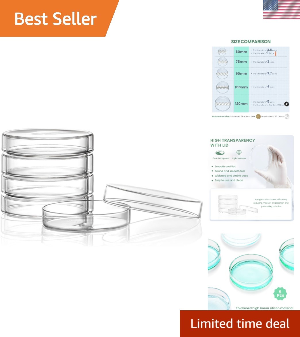 5-Piece 60mm Glass Petri Dish Set – Durable Borosilicate for Bacterial Cultures