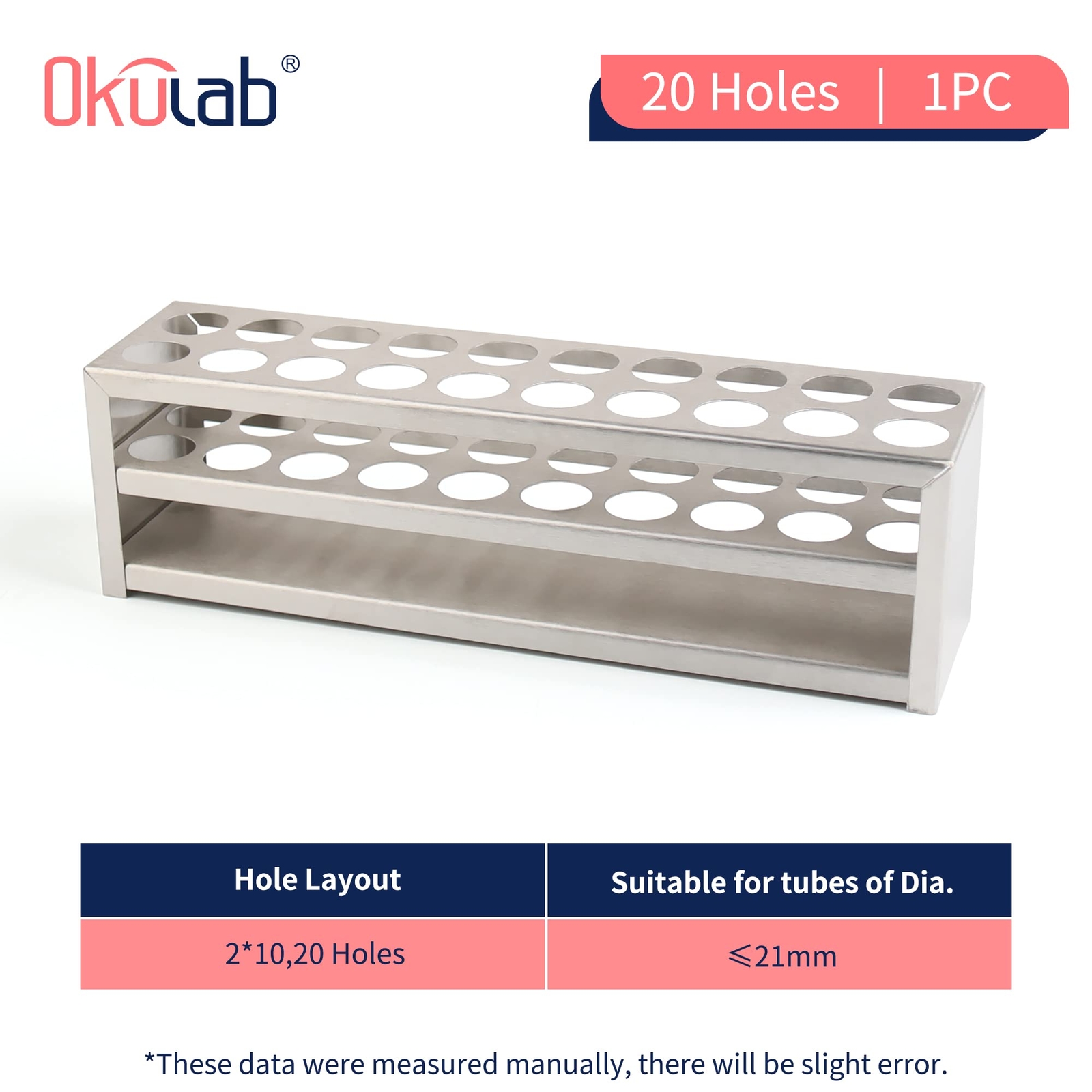 Test Tube Rack 20 Holes Stainless Steel Extended Handles Fits Tubes 21MM TTRS20