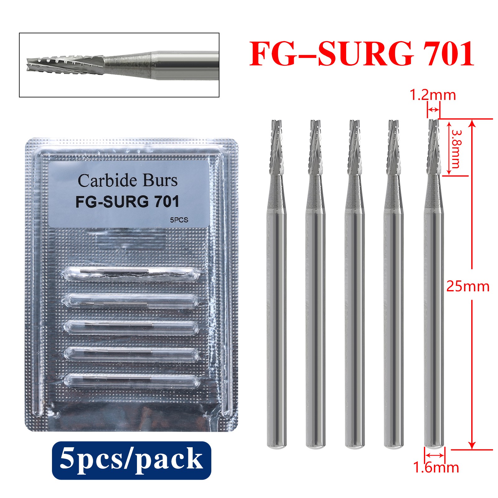 5pcs FGXL-701L Dental Surgical Carbide Burs 25mm Tapered Fissure Cross Cut