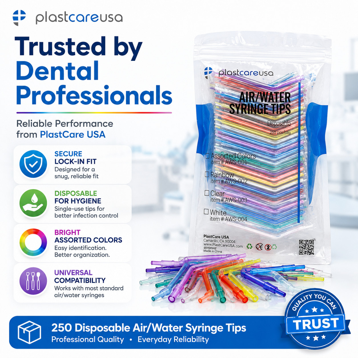 20 Bags Dental Disposable Air Water Syringe Tips, Assorted Rainbow, (5000 Total)