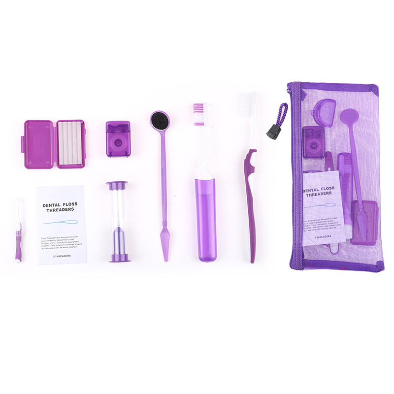 5Kits Dental Wax Mirror Tooth Brush Ties Toothbrush Floss Oral Care Kit Purple