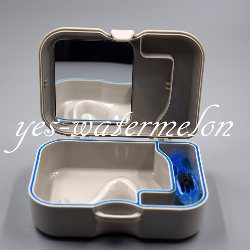 1 Set Dental Denture Storage False Teeth Box Case With Mirror and Clean Brush