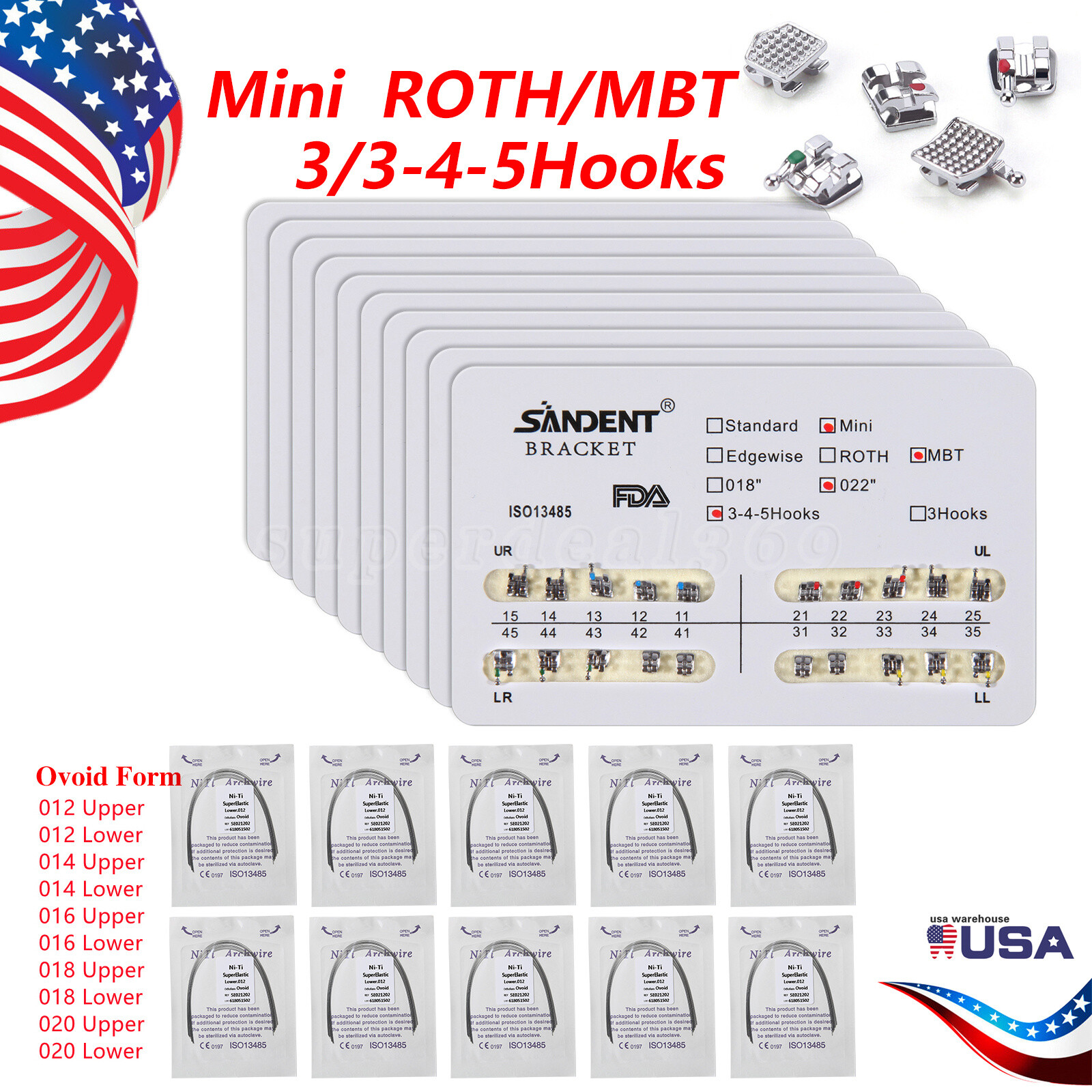 SANDENT Dental Orthodontic Braces Brackets Mini Roth.022 Hook345 / Arch Wire ns