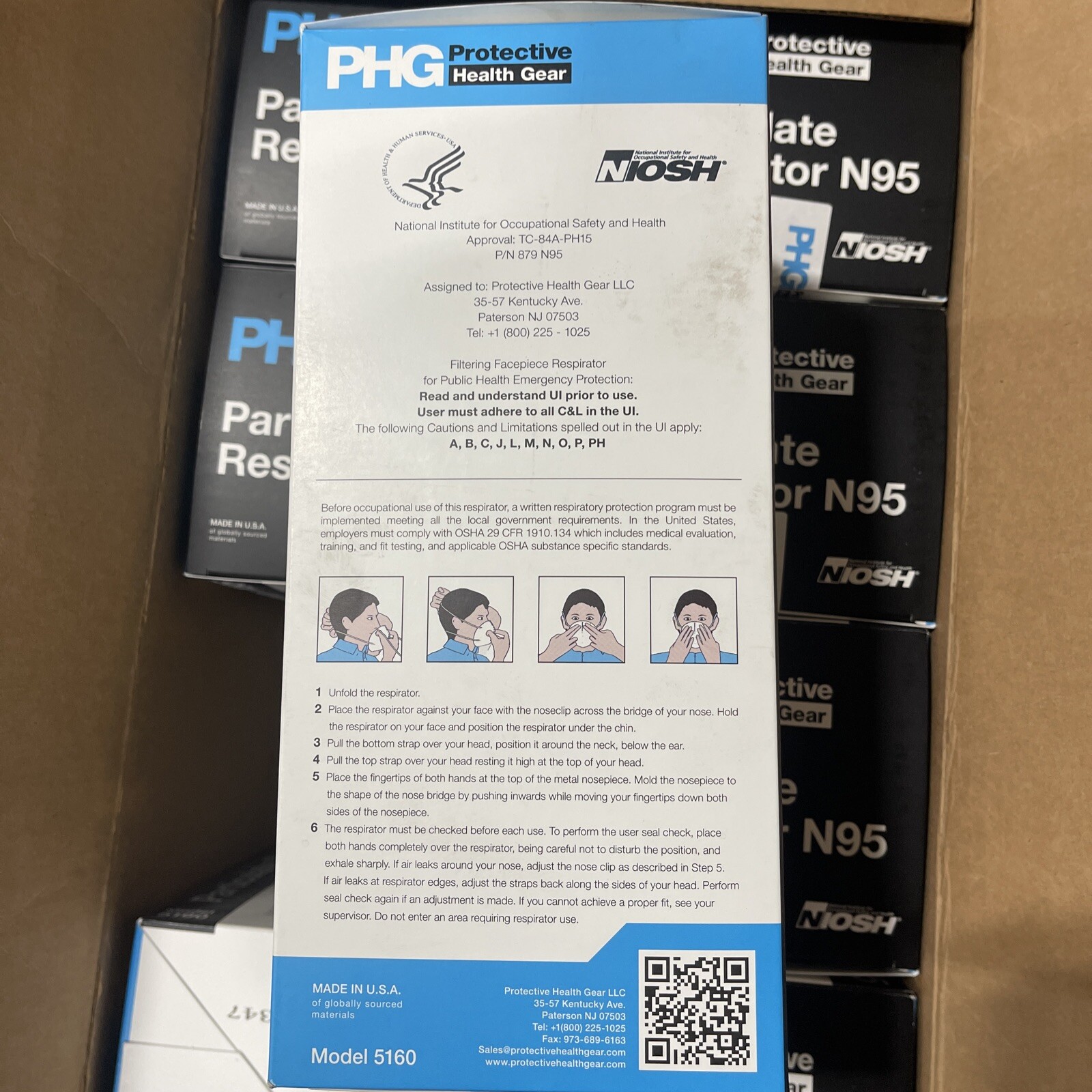 PHG Protective Health Gear N95 Mask NIOSH Box Of 50 Model 5160 Made in the USA