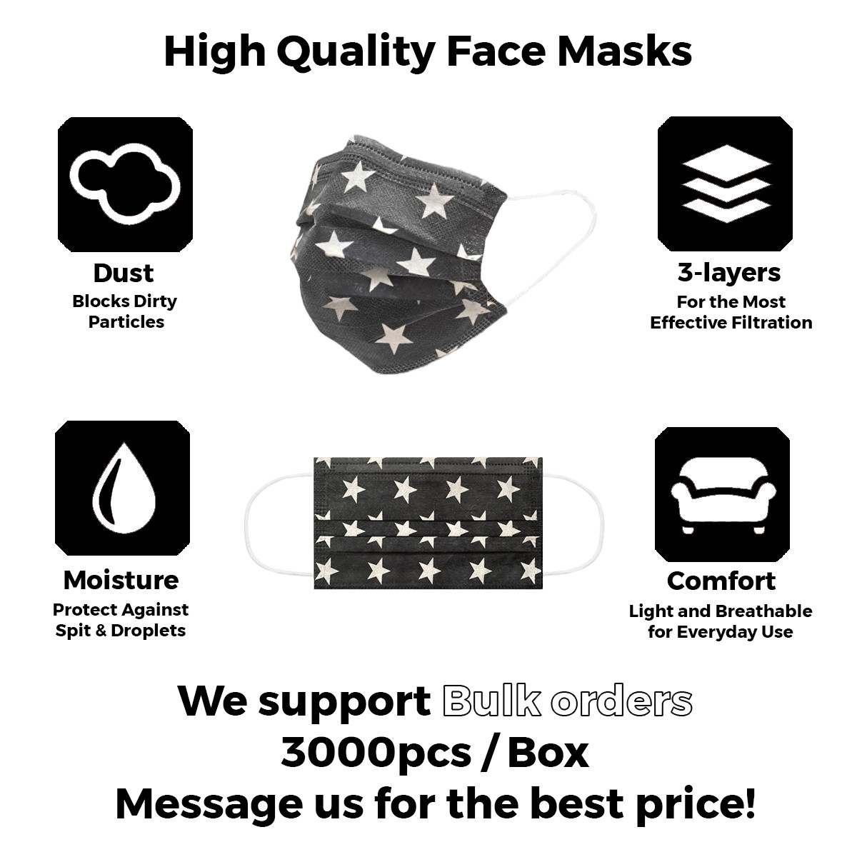 Black & White Face Mask Disposable 3-ply Mouth Cover w/ Star Pattern 100pcs
