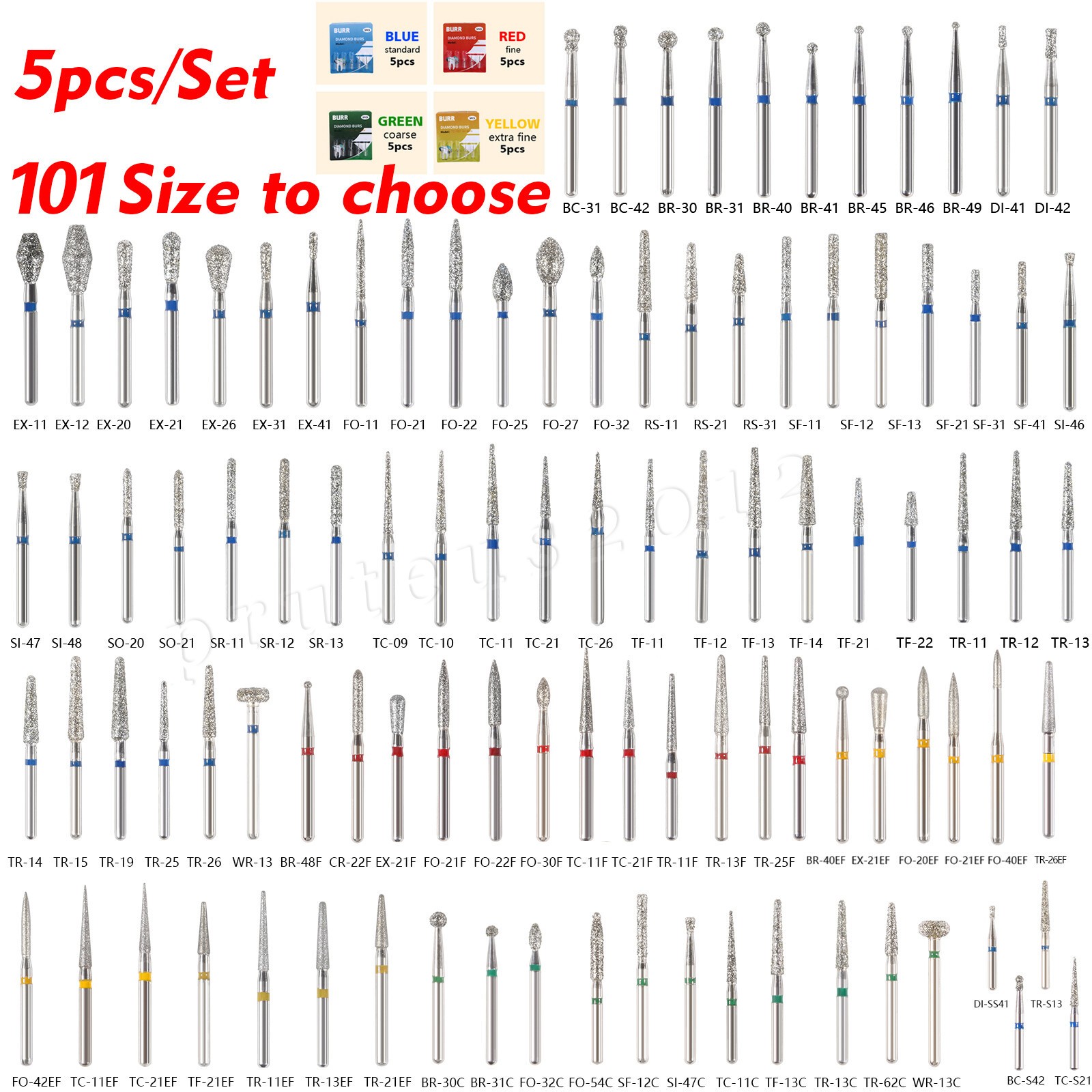 100 Types Dental FG Diamond Burs For High Speed Handpiece Friction Grip 50pcs