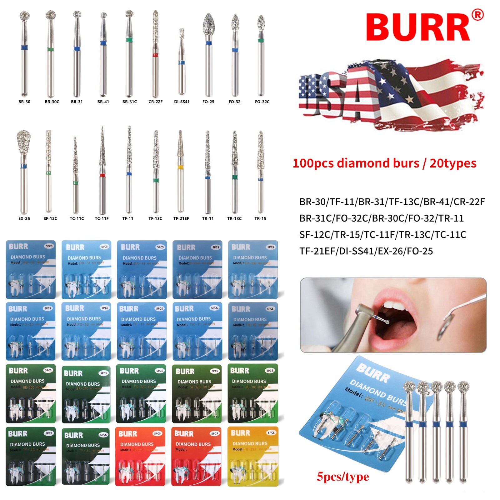 100pcs Dental Diamond Burs for High Speed Handpiece Medium Friction Grip 20Types
