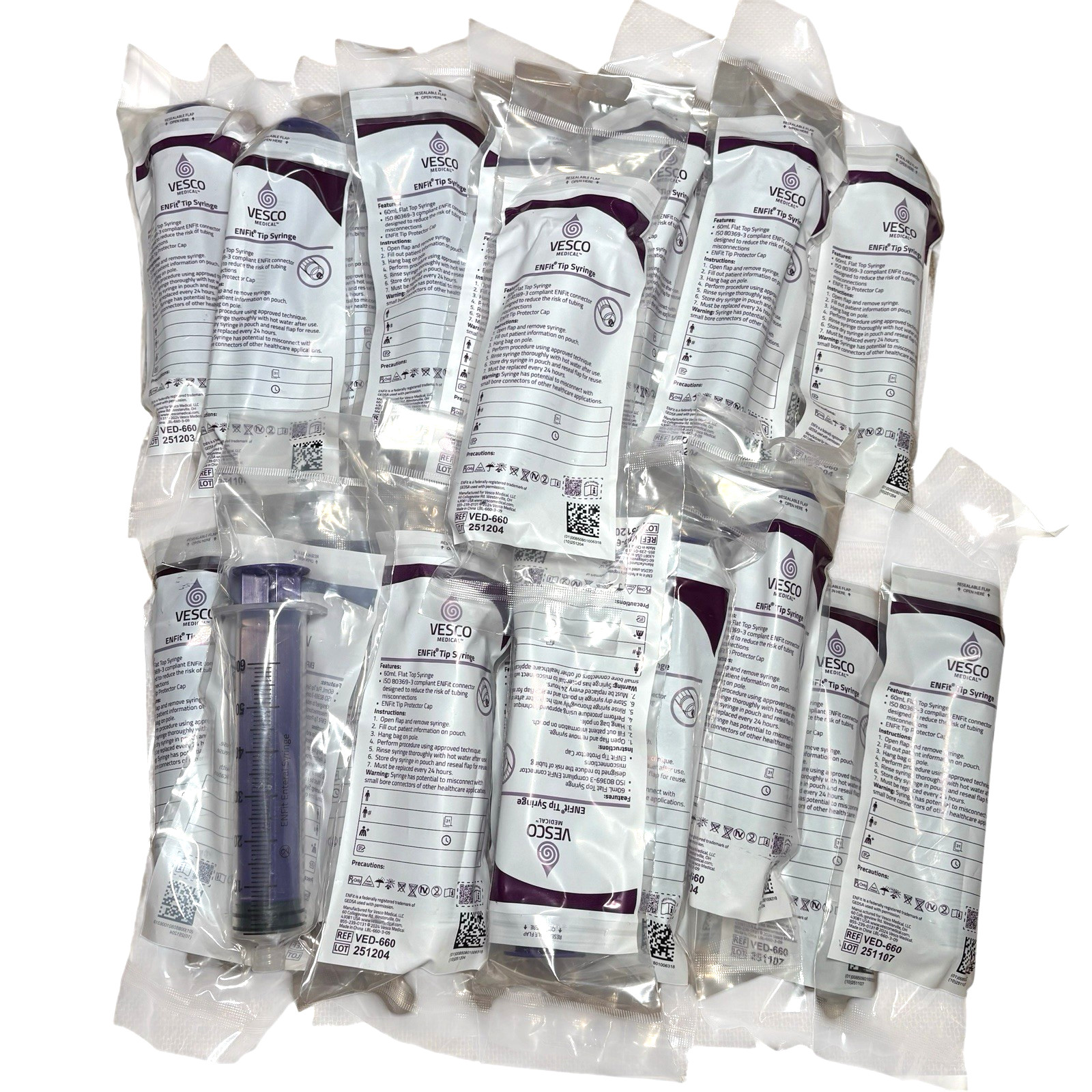 Lot of 25 Vesco ENFit Tip Syringe 60mL Flat Top VED-660 Tube Feeding Purple New