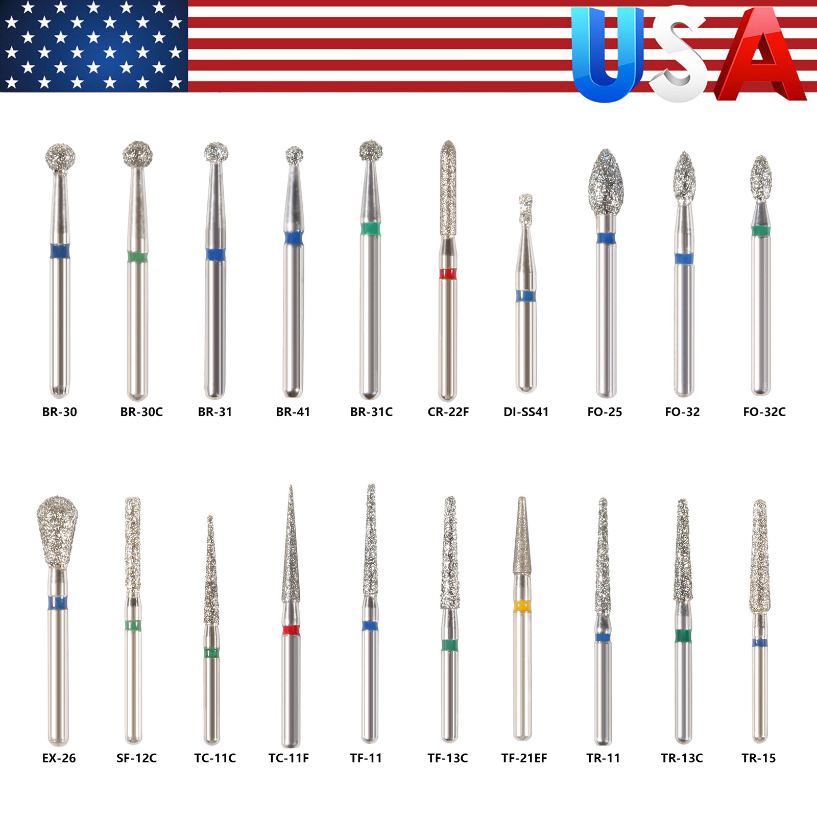 US 100pcs Dental Diamond Burs Kit for High Speed Handpiece Medium FG 1.6MM