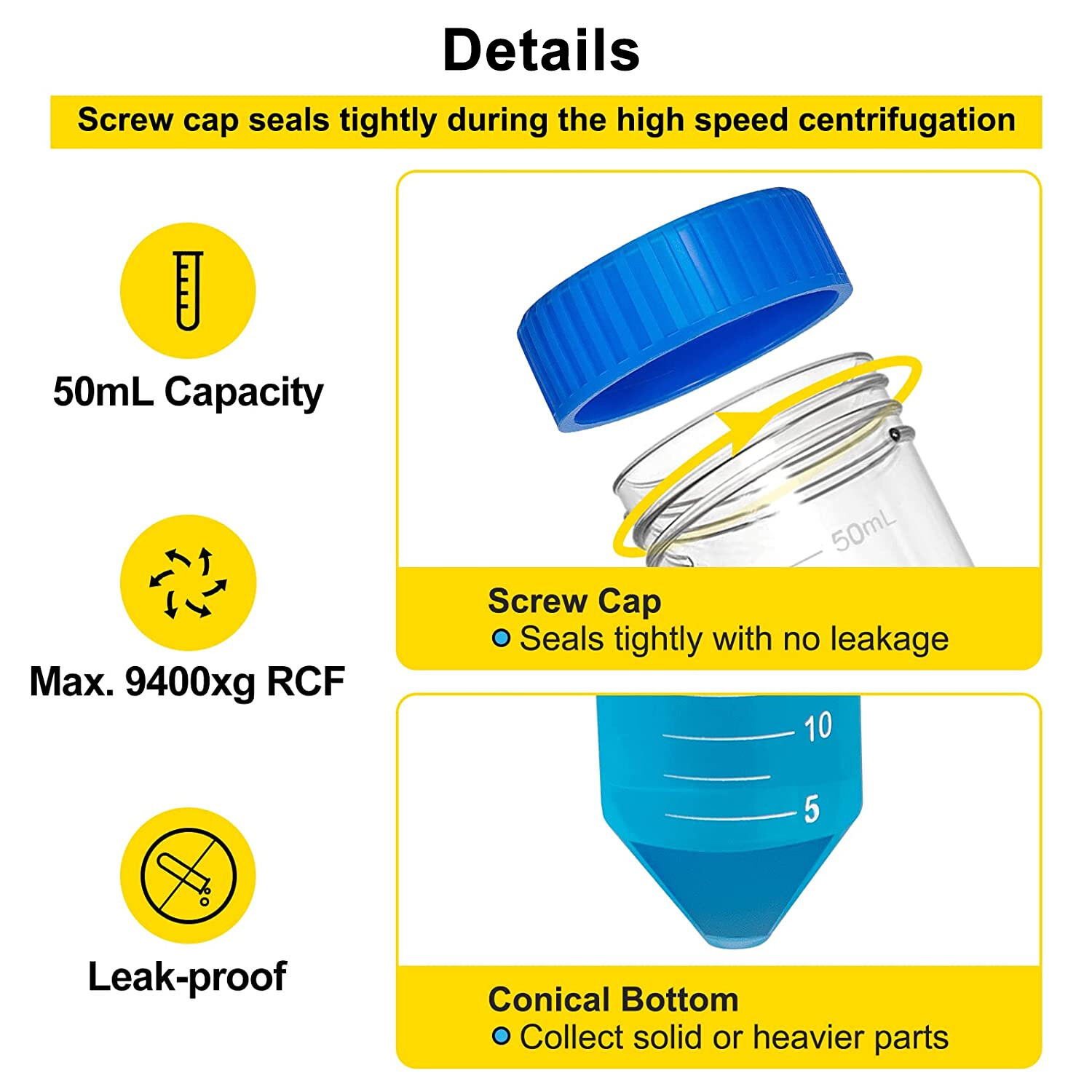 500PCS 50ml Plastic Centrifuge Tube Flat Top Screw Cap Gamma Sterile Graduated