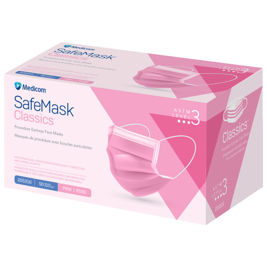Medicom SafeMask Classic Pink Earloop Face Masks, ASTM Level 3 – Box of 50 Masks