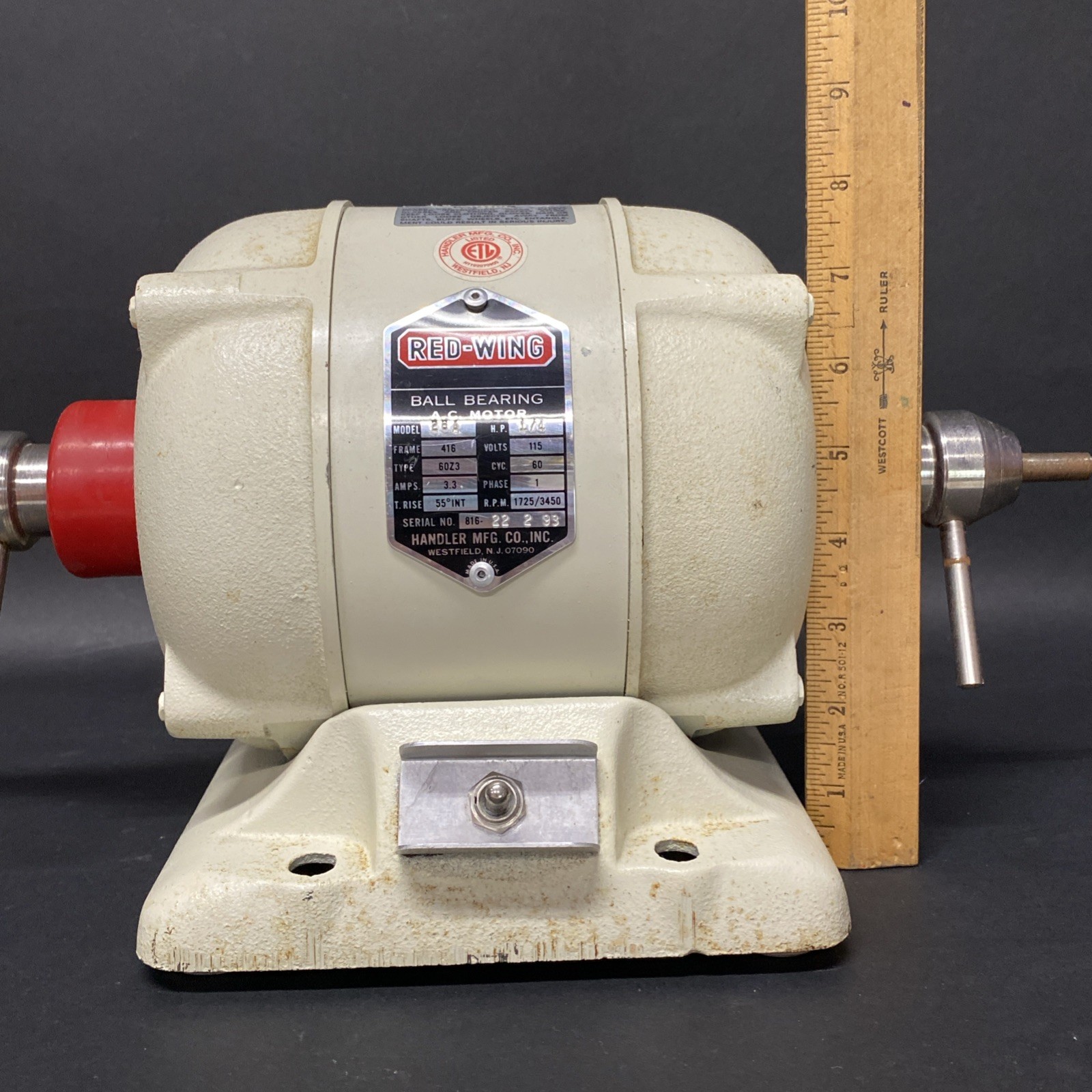 Handler Red Wing Polishing Lathe Model 26A Tested USA 1/4 HP 1725/3450 Rpm Z13