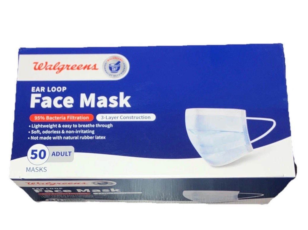 Walgreens Face Mask Ear Loops 100 Count Adult 95% Bacteria Filtration New In Box