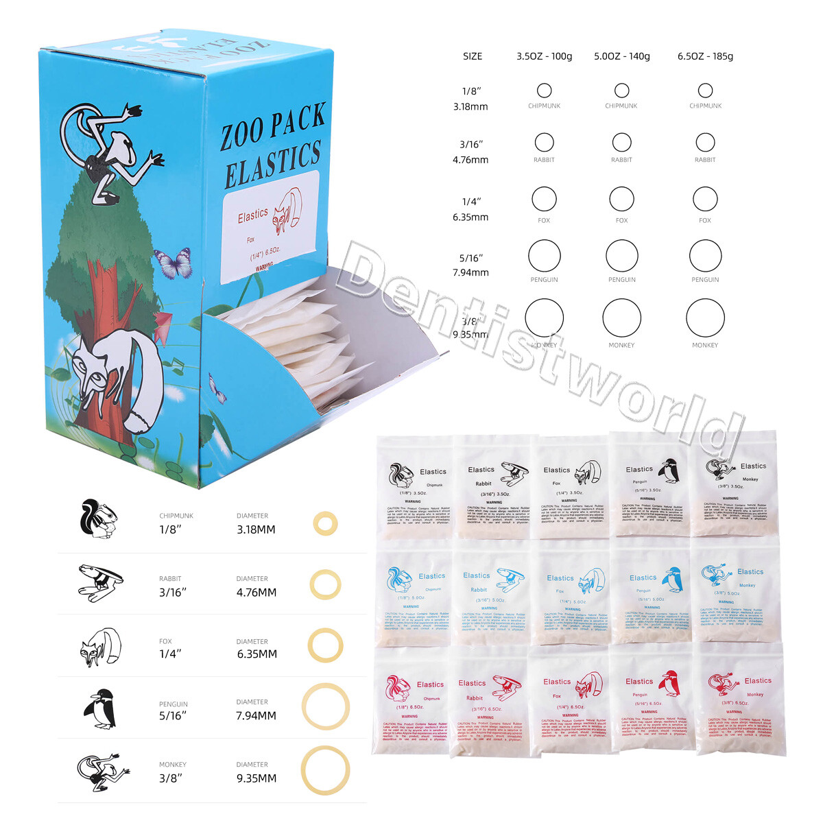 AZDENT Dental Orthodontic Elastics 5000pcs,Force 3.5 OZ,5/16″ Zoo Pack Bands