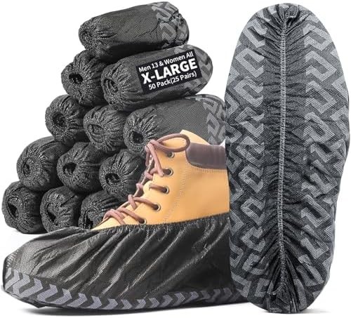 X-Large 50 Pack Shoe Covers Disposable Non-Slip Black Non-Woven Fabric Boot