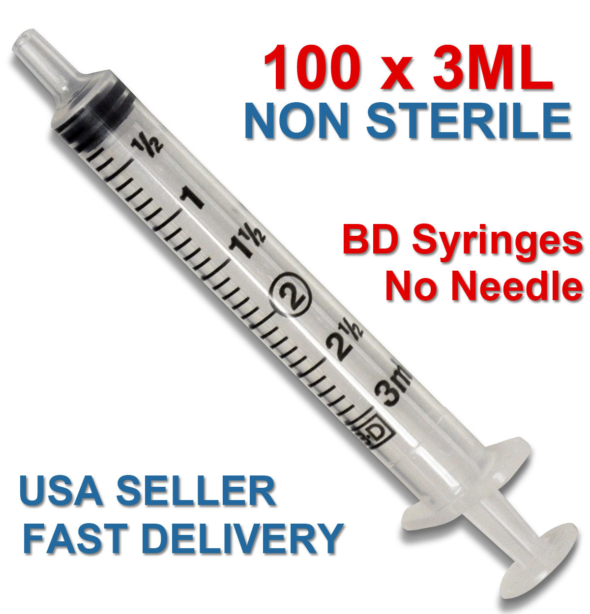 BD 100 3ML New Syringes Only Luer Slip Tip NoNeedle NON-STERILE