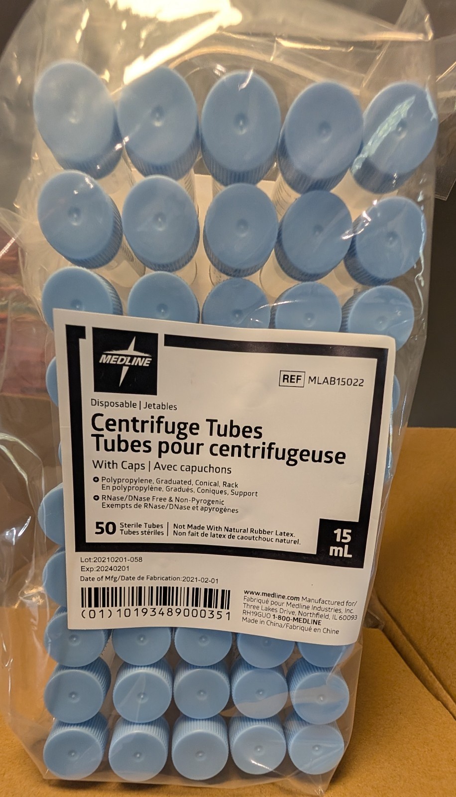 500pc Medline Centrifuge Tubes 15mL Clear In Rack With Caps (8)